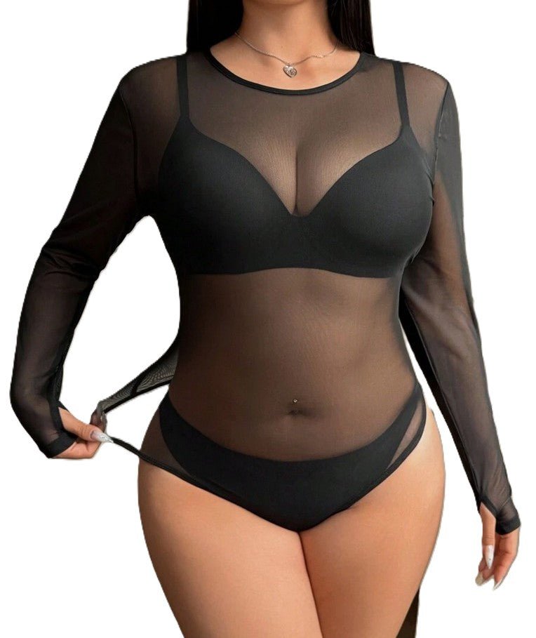 Dans body netstof mesh - zwarte mesh lange mouw