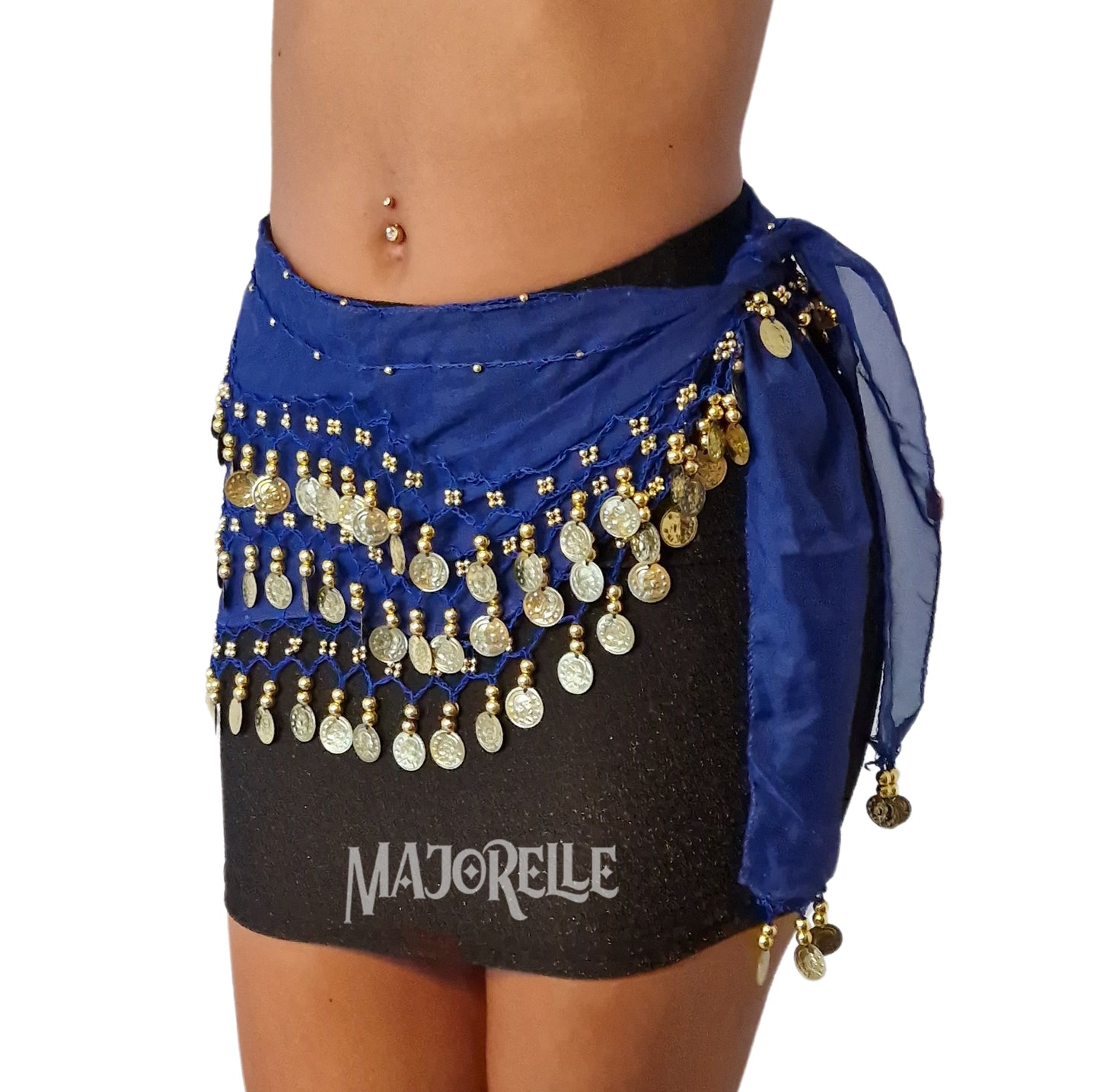 Buikdans heupsjaal blauw met gouden muntjes