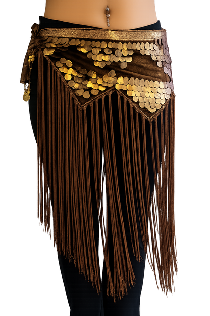 Tribal heupsjaal met koperen schelpjes in bruin