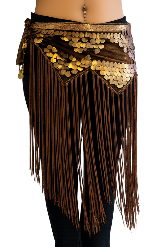 Tribal heupsjaal met koperen schelpjes in bruin