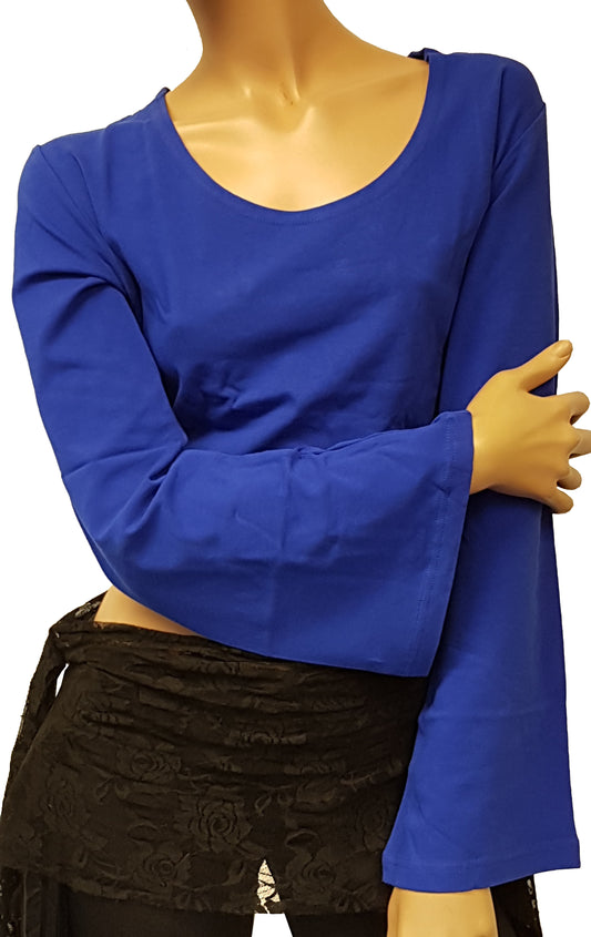 Buikdans top in blauw met trompetmouwen maat 3XL