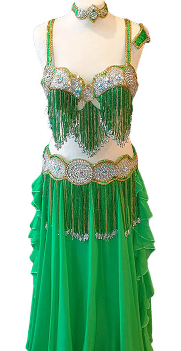 Buikdanskostuum groen - Belt en BH, met sieraden