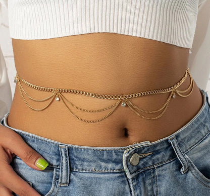 Belly chain / Tailleketting goud strass golfjes
