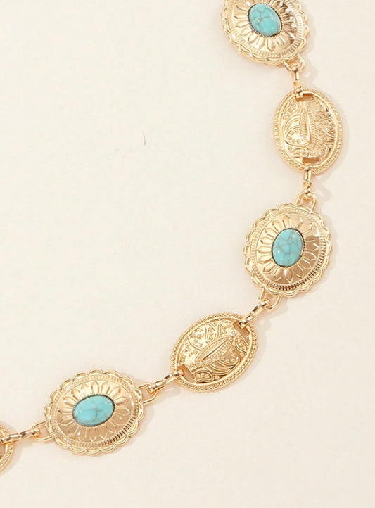 Belly chain / Heupketting goud met ovale versieringen in turquoise