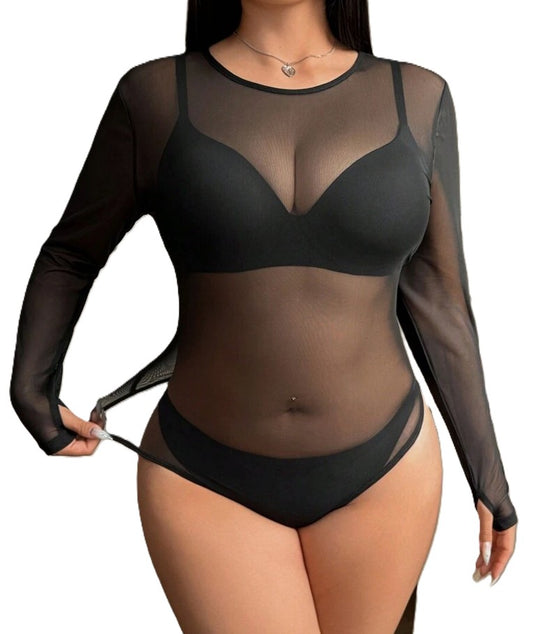 Dans body netstof mesh - zwarte mesh lange mouw