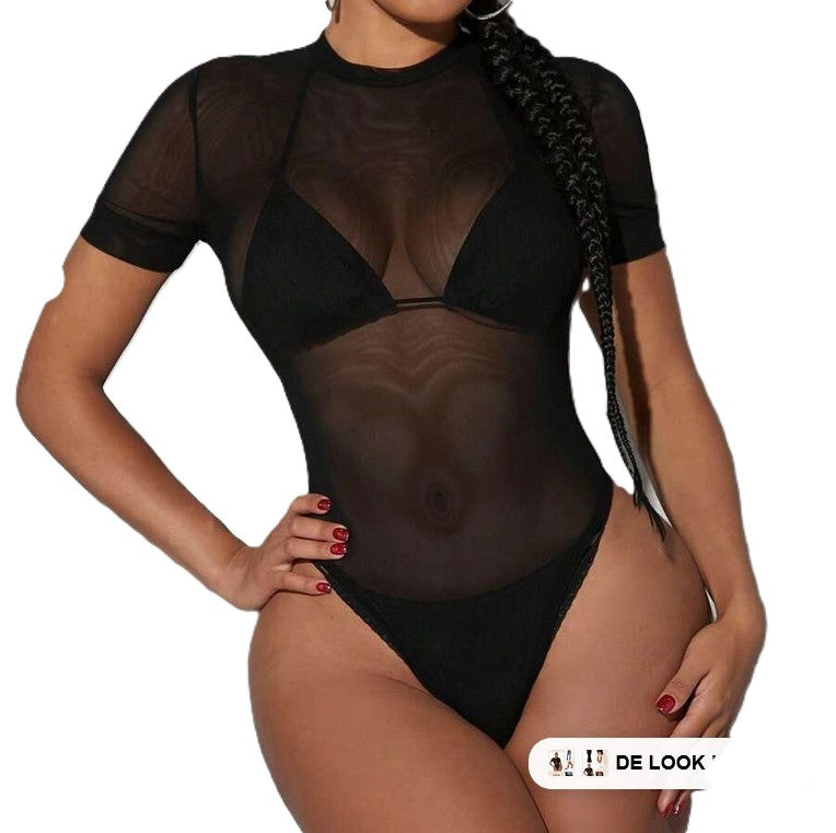 Dans body netstof mesh - zwart korte mouw