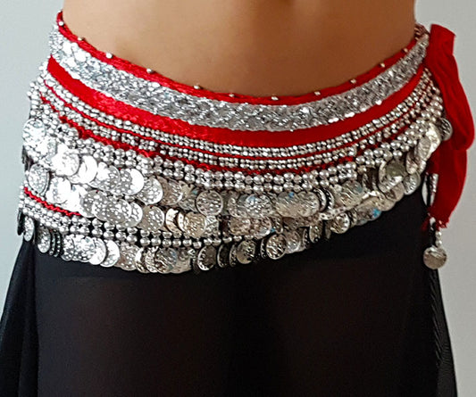 Heupsjaal rood met zilveren band