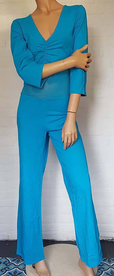 Catsuit turquoise met versterkt buiknet. Alleen maat nog in XS /S /3XL