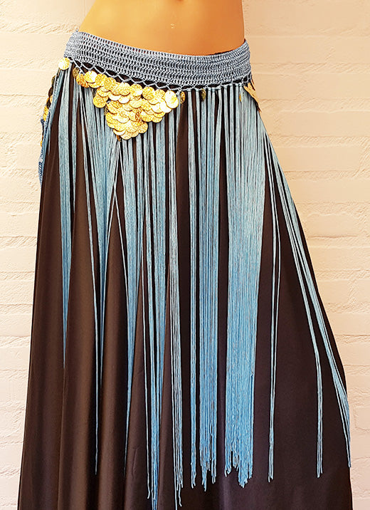 Heupsjaal met lange franjes en muntjes - Turquoise  buikdans accessoire