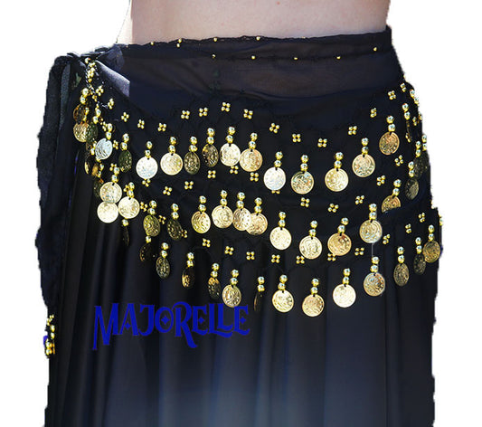Heupsjaal zwart met gouden muntjes - Buikdans accessoire - Majorelle