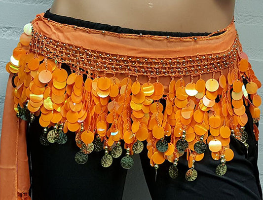Heupsjaal met oranje pailletten - Buikdans accessoire