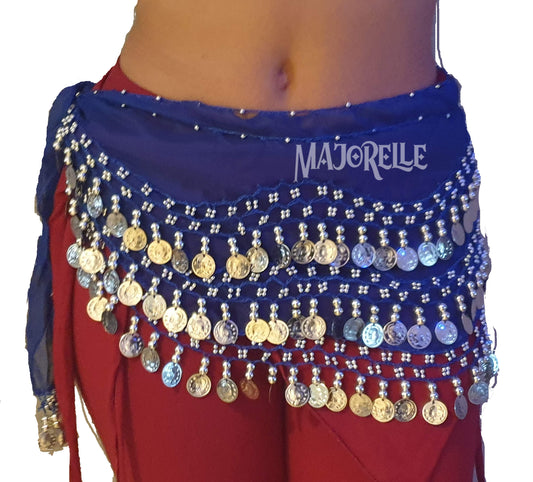 Heupsjaal blauw met zilveren muntjes