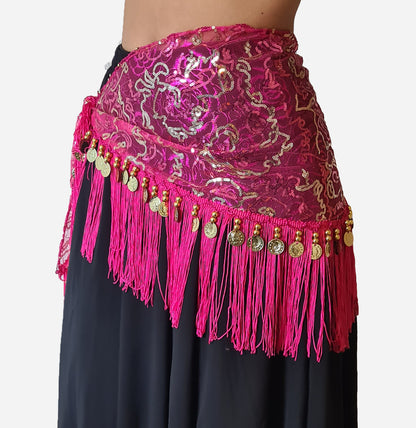 Heupsjaal fuchsia met gouden lijntjes en muntjes