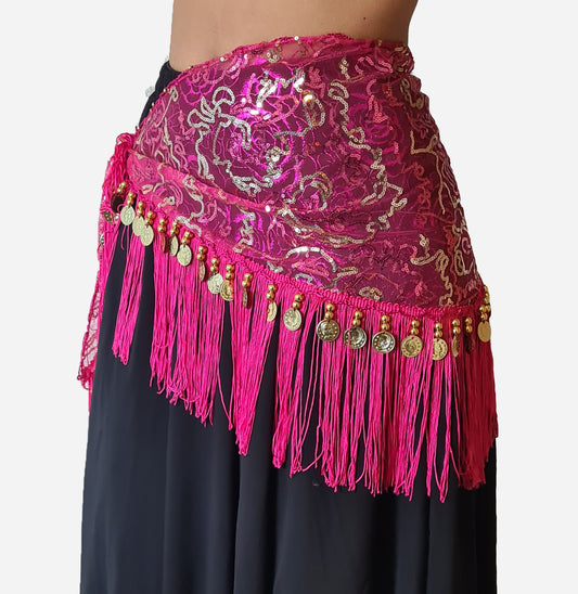 Heupsjaal fuchsia met gouden lijntjes en muntjes