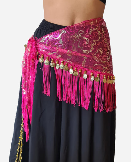 Heupsjaal fuchsia met gouden lijntjes en muntjes