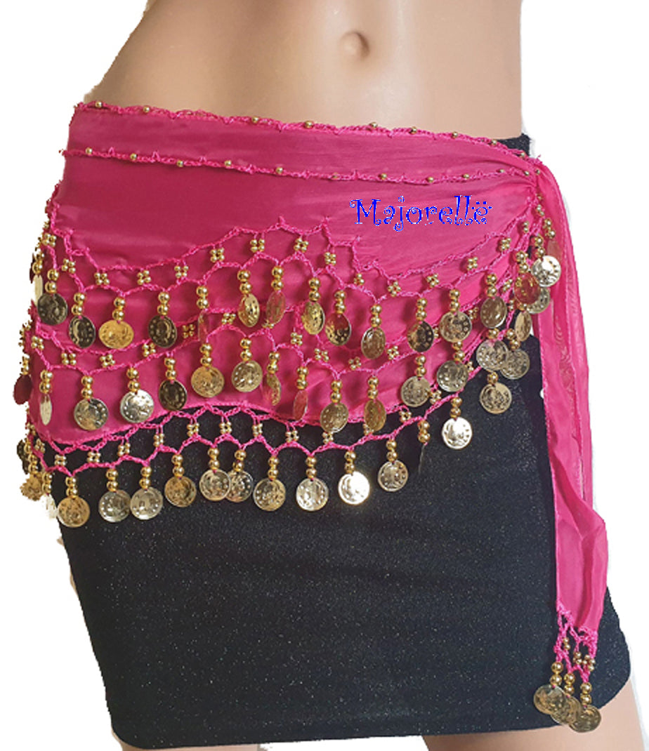 Buikdans Heupsjaal fuchsia met gouden muntjes