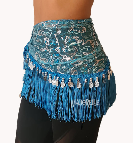 Heupsjaal turquoise met zilveren lijntjes en zilveren muntjes