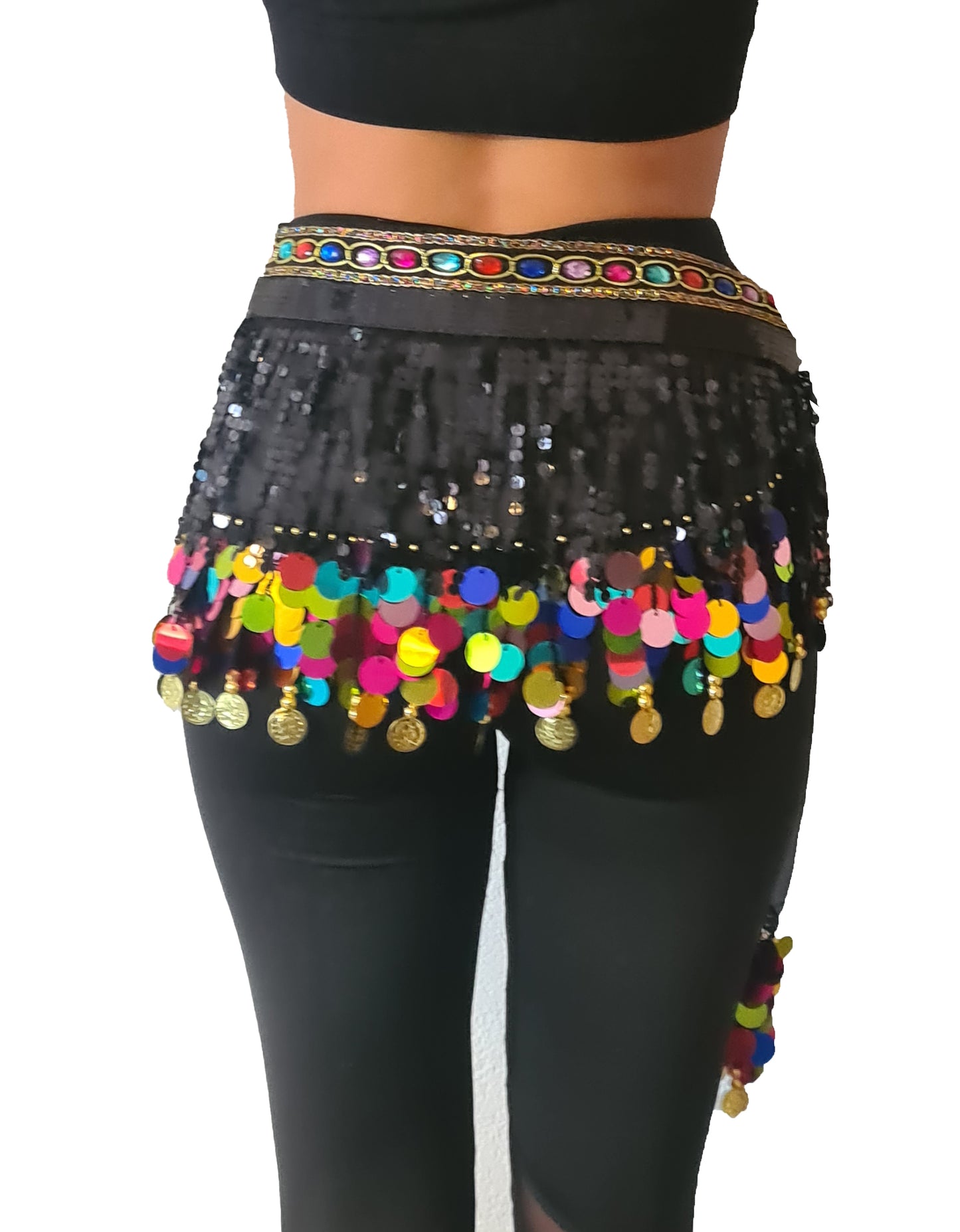 Nieuw; Buikdans heupsjaal zwart multi colour