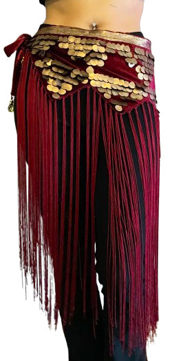 Tribal heupsjaal met koperen schelpjes in bordeaux