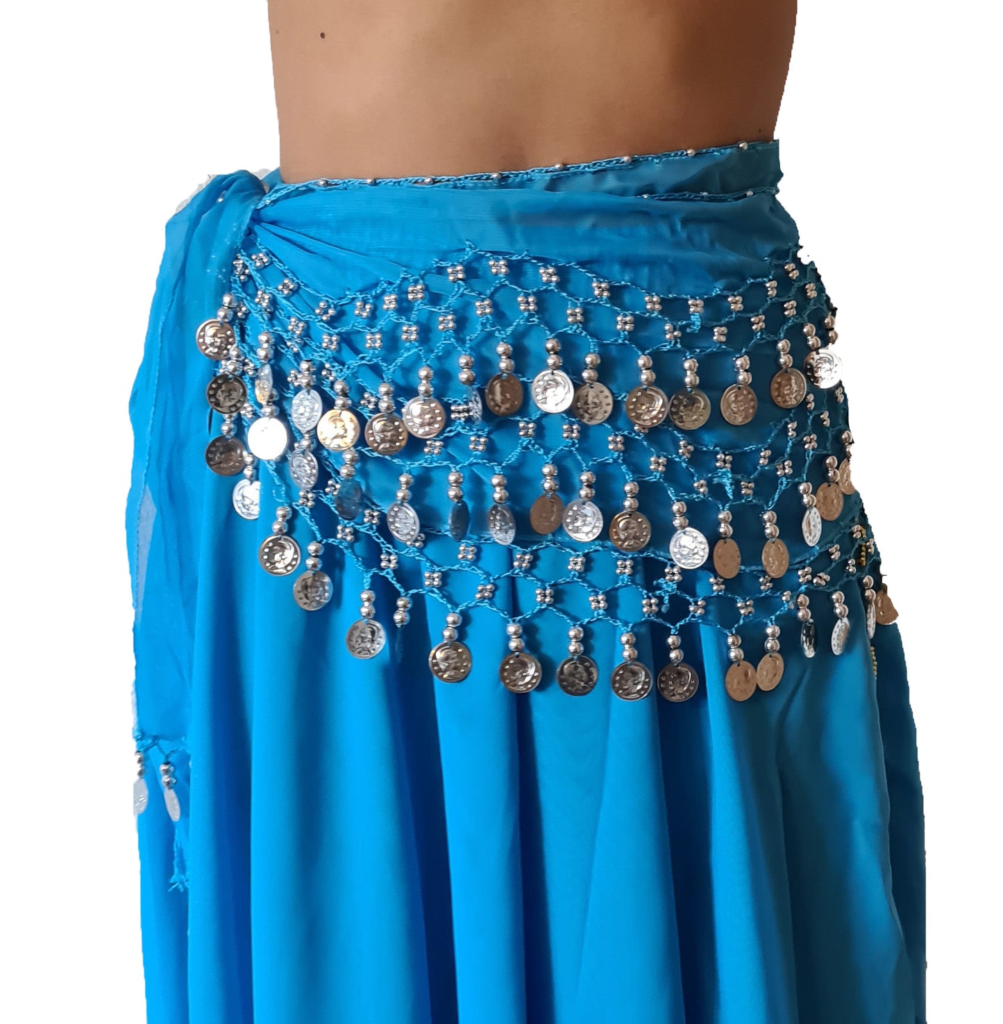 Heupsjaal turquoise met zilveren muntjes