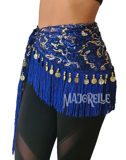 Heupsjaal blauw met gouden lijntjes en muntjes