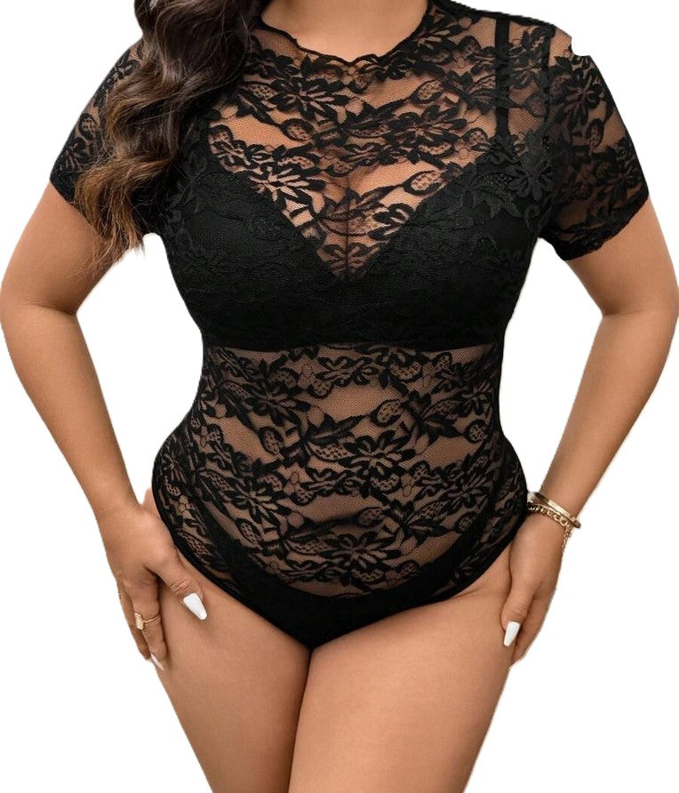 Dans body netstof mesh - zwart kant korte mouw