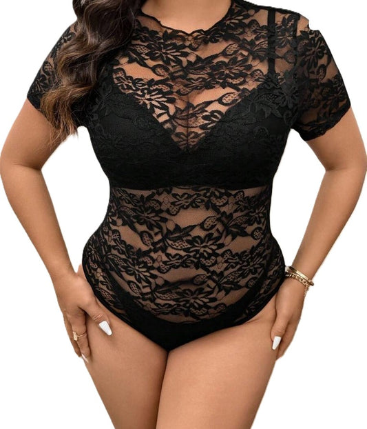 Dans body netstof mesh - zwart kant korte mouw