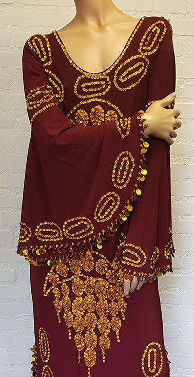 Hoogwaardige Saidi / Baladi / Hagalla jurk in bordeaux/goud