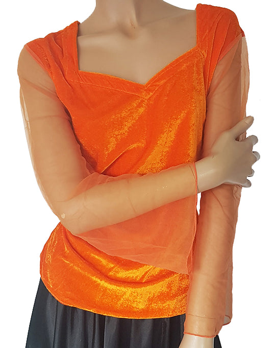 Fluwelen top met mouw van tule ( netstof )oranje
