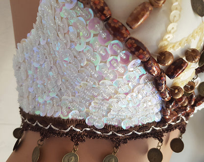 Tribal set Belt en BH met munten en pailletjes in wit