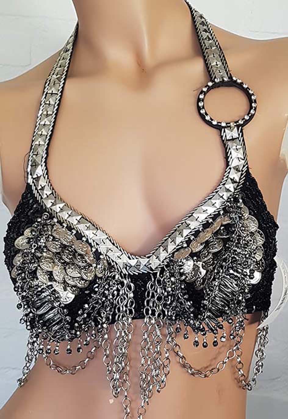 Tribal buikdans Set BH en Belt met kettinkjes in zwart/zilver
