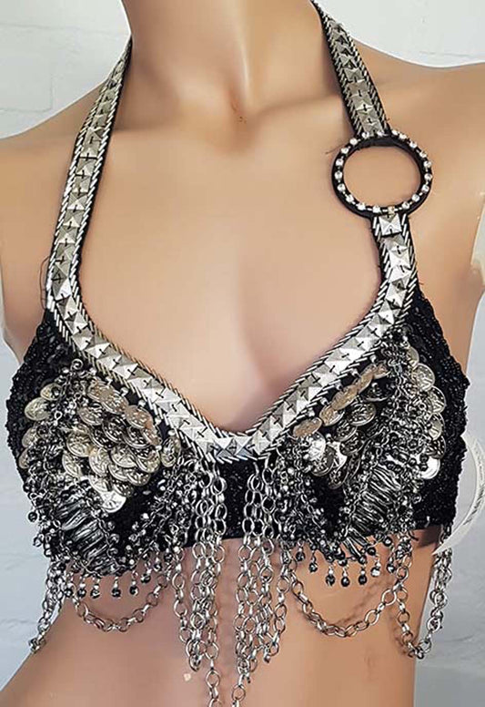 Tribal buikdans Set BH en Belt met kettinkjes in zwart/zilver