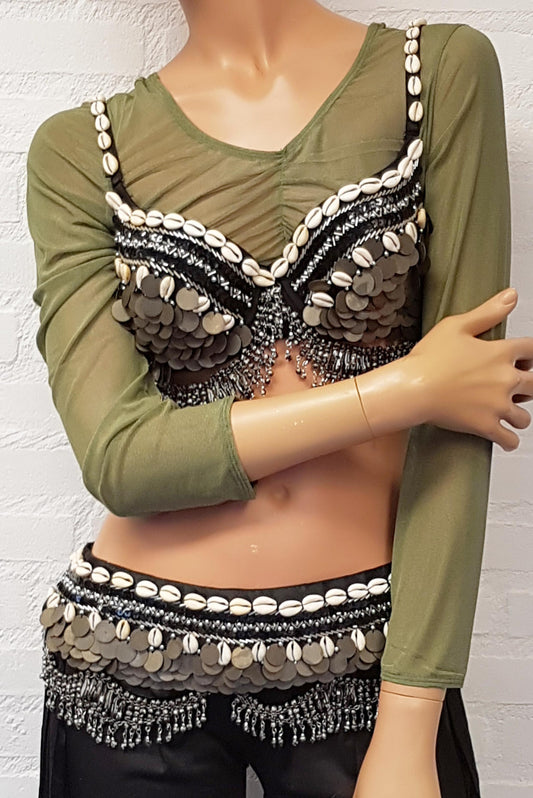 Super sale! Croptop netstof in olijfgroen