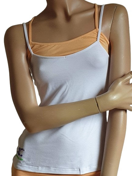 Yoga Spaghetti top wit met peach accent

Gemaakt van 92% bamboe textiel en 8% Elasthan