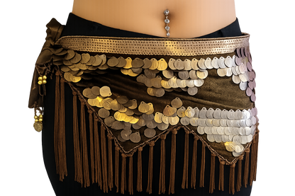 Tribal heupsjaal met koperen schelpjes in bruin