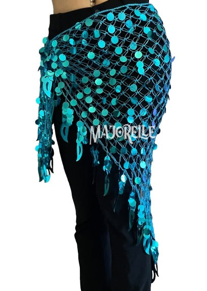 Nieuw: Buikdans heupsjaal met pailletten in turquoise