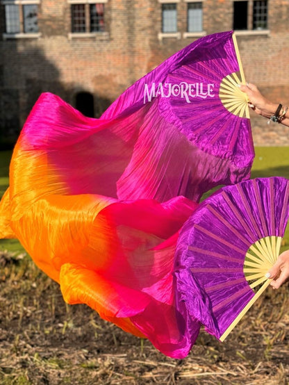Zijden sluierwaaier set in paars fuchsia en oranje