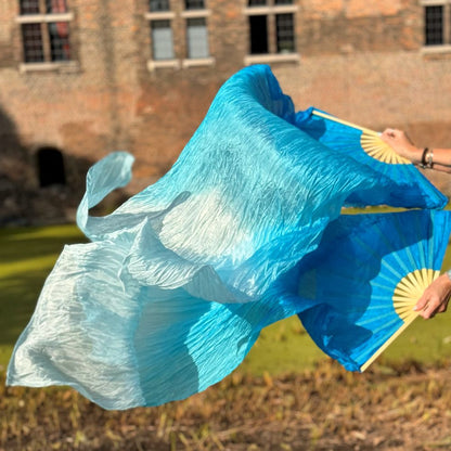 Zijdem buikdans sluierwaaier in aqua met kleurverloop