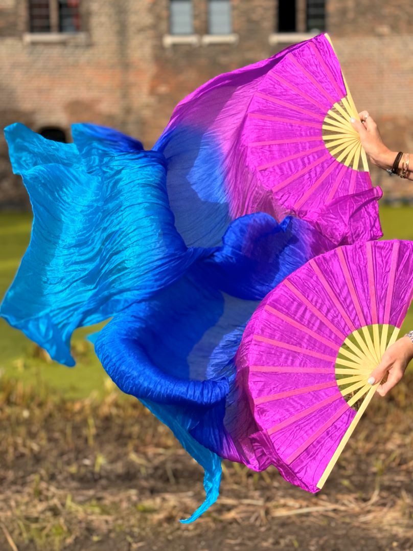 Zijde sluierwaaier in paars blauw turquoise, lengte 150cm