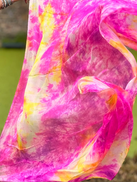 Zijde sluier in tie dye roze geel Peony