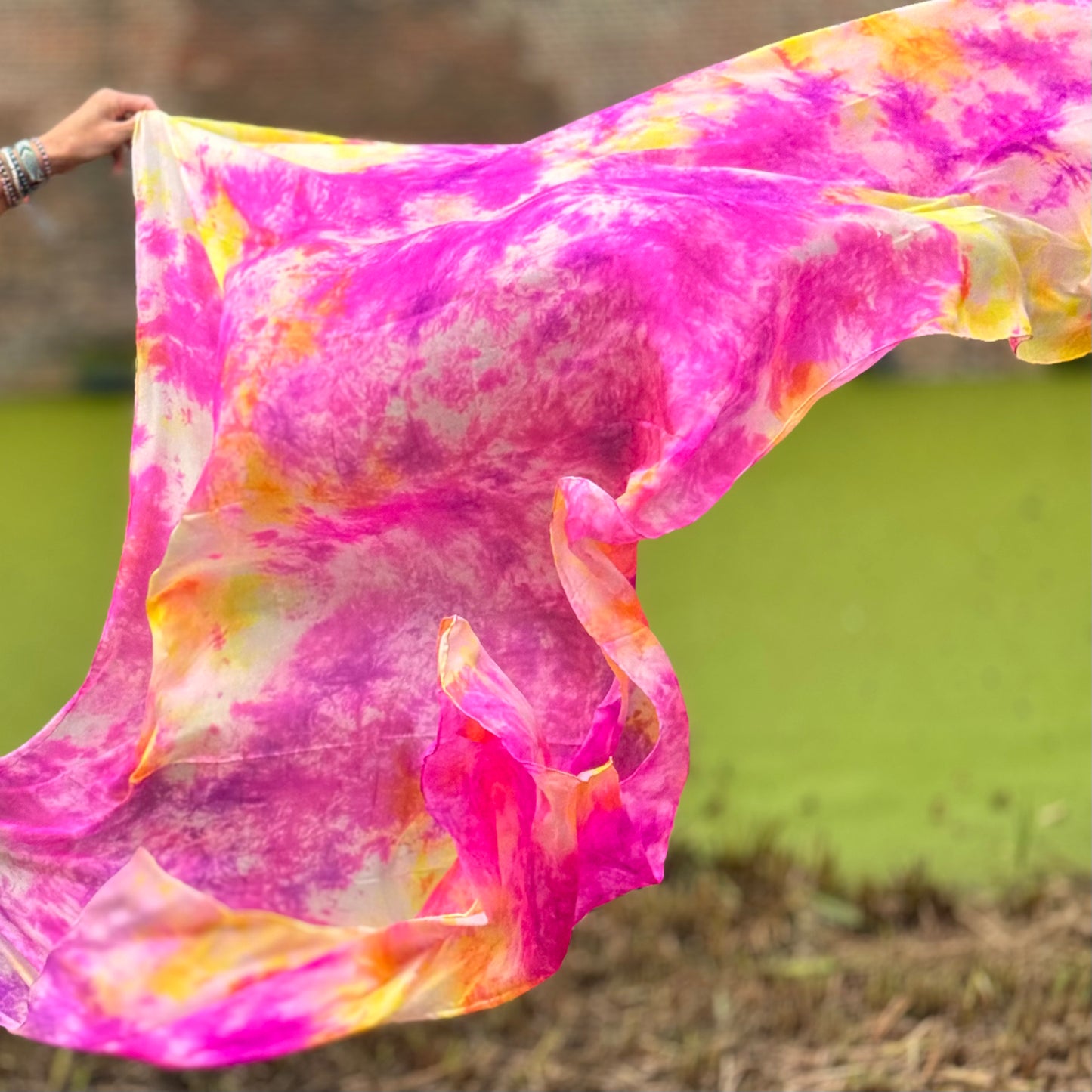 Zijde sluier in tie dye roze geel Peony